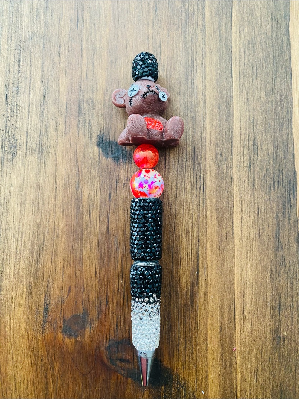 Beaded Bear-Top Decorative Pen in Black and Pink
